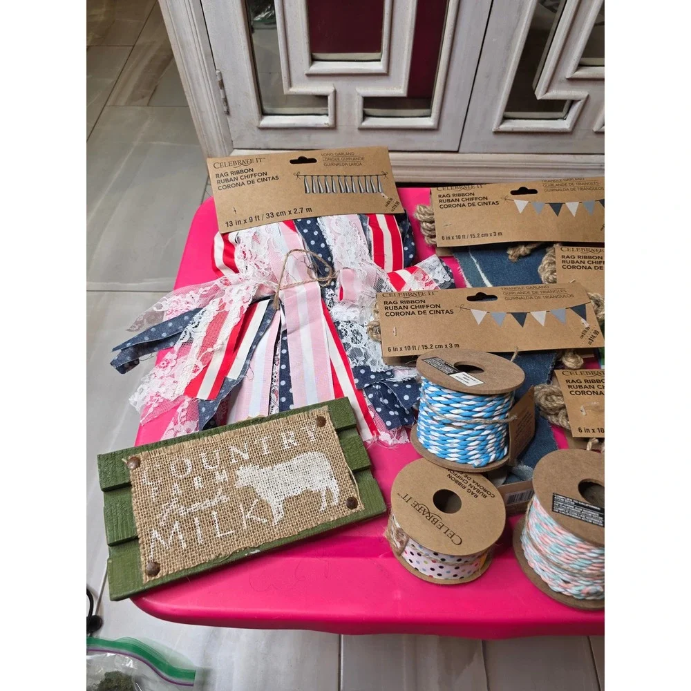 Celebrate It Rag Ribbon Garland Twine Lot Farmhouse Country Fresh Milk Sign NEW‎